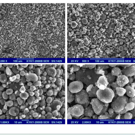 Close-up view of raw MCMB (Meso-carbon Micro-beads) graphite powder for Li-ion battery anode.