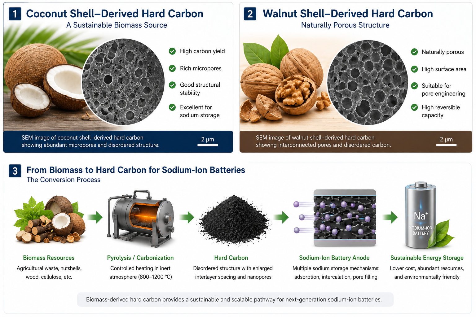 Biomass precursors and conversion pathway for sodium-ion battery hard carbon