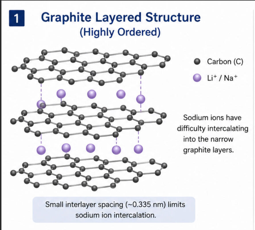 Comparison between graphite layered structure and hard carbon disordered structure for sodium-ion batteries