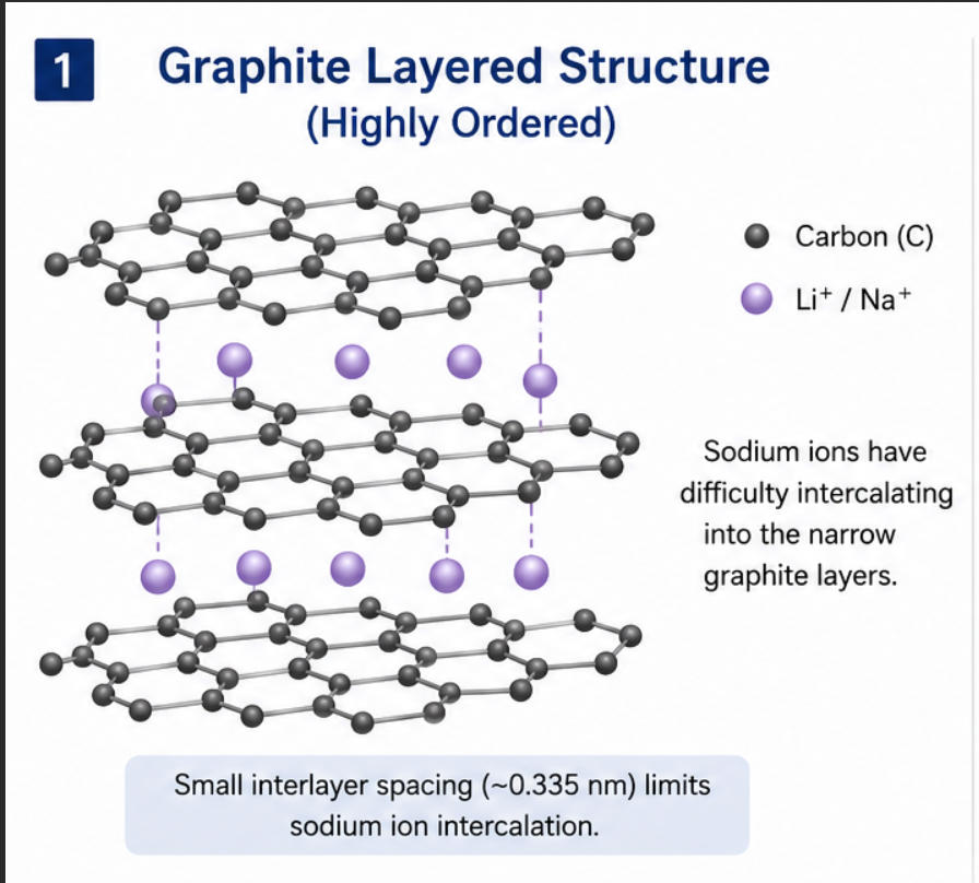 Comparison between graphite layered structure and hard carbon disordered structure for sodium-ion batteries
