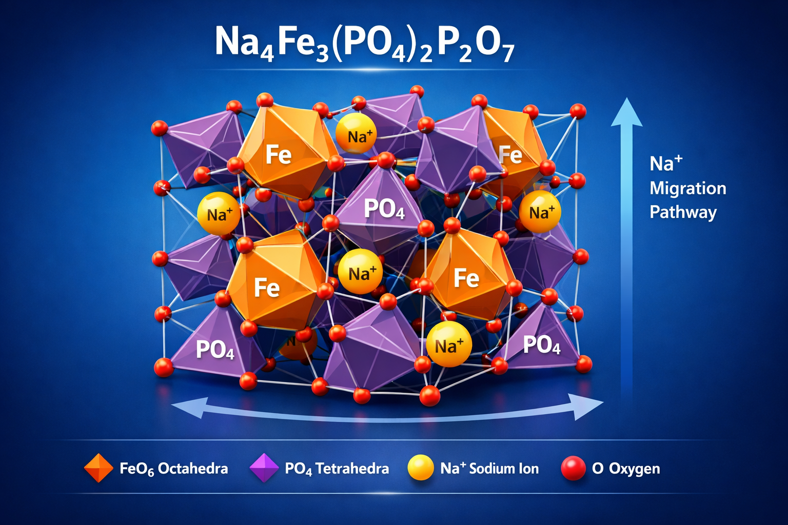 NFPP (Na₄Fe₃(PO₄)₂P₂O₇) crystal structure illustration showing FeO₆ octahedra, PO₄ tetrahedra, and Na⁺ migration pathways.