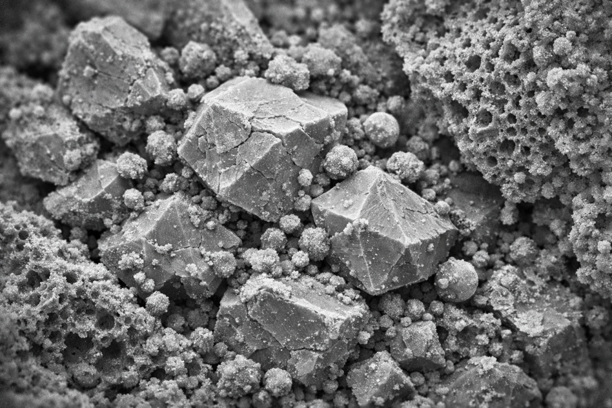 Abstract SEM‑style illustration of NFPP cathode material showing particle morphology and microstructural texture.