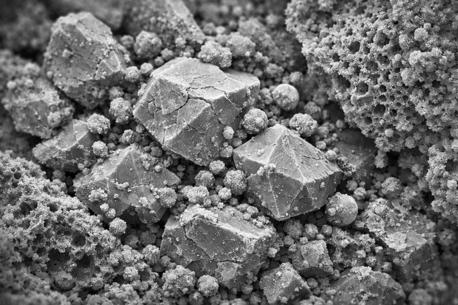 Abstract SEM‑style illustration of NFPP cathode material showing particle morphology and microstructural texture.