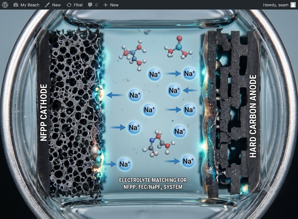 NFPP sodium-ion battery electrolyte matching diagram showing sodium ion migration between NFPP cathode and hard carbon anode